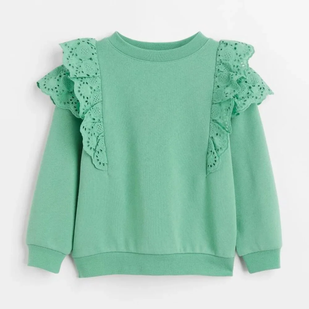 H&M Green Ruffle-Shoulder Sweatshirt Lacy Girl's Size 8/10
